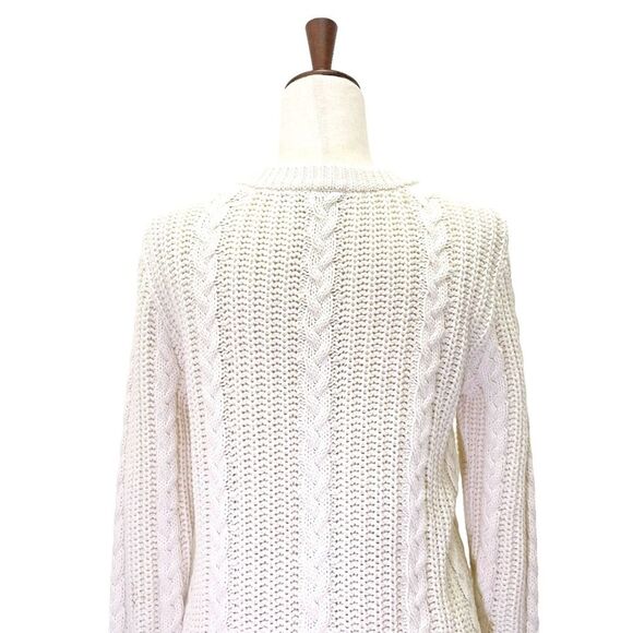 LL Bean Ivory Cable Knit Sweater Button Shoulder Fisherman Pullover Size Medium - Picture 7 of 15